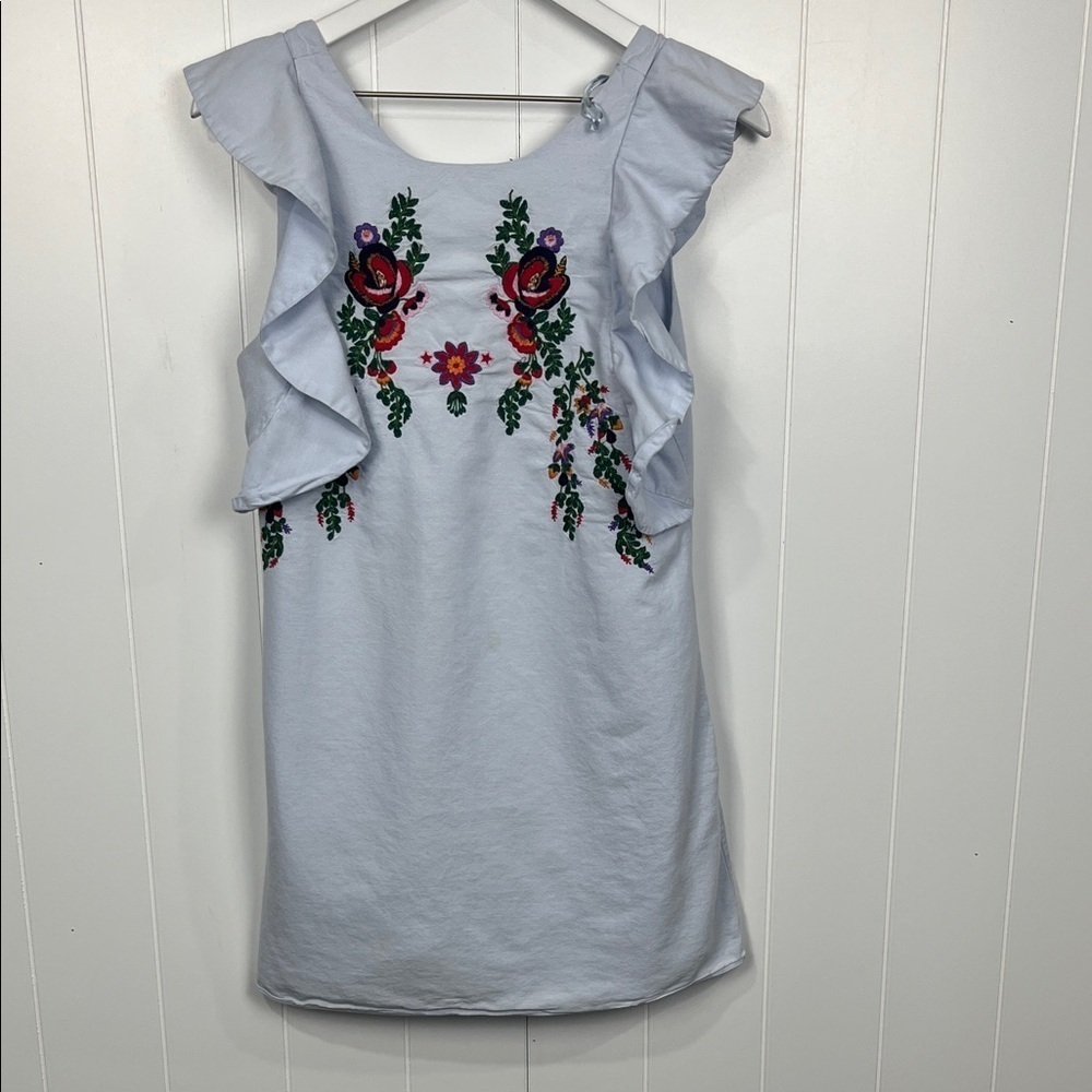 Zara Trafaluc Collection Mini Dress S Baby Blue Button Down back Embroidery EUC